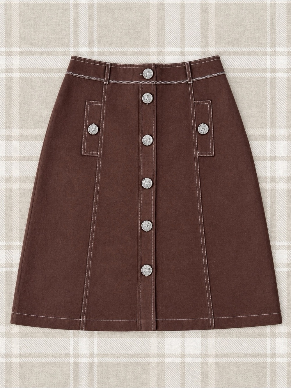 Woman Brown Utility Button Front A-Line Knee Length Skirt MEDIUM Classic Y2K 90s